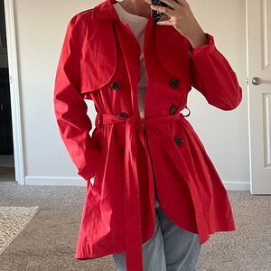 Cabi Women's Size 12 Classic Red Cotton‎ Double-Breasted Trench Coat